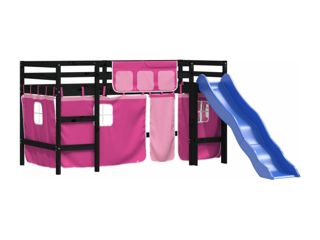 Lit mezzanine enfants et rideaux rose 90x190 bois pin massif TNJX30664