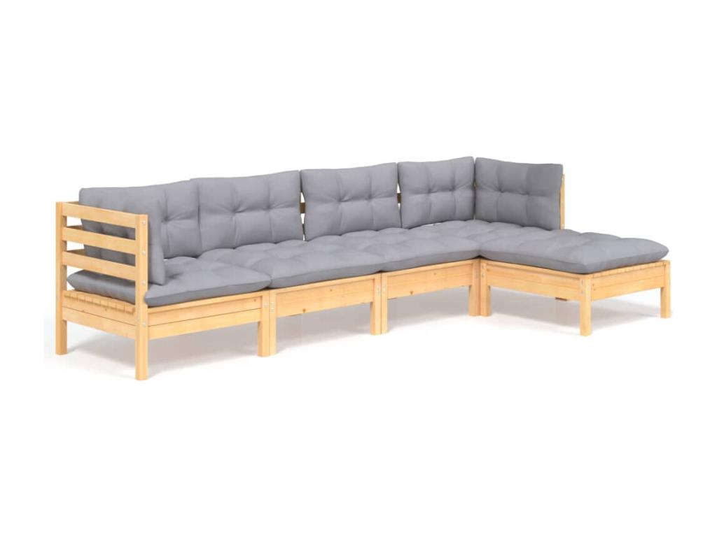 Salon de jardin 5 pcs avec coussins gris bois de pin FQLU92500
