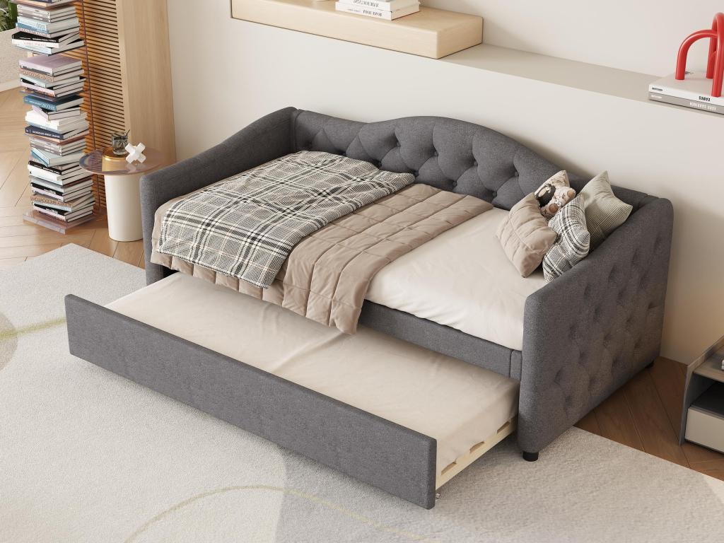 Lit banquette 90x200cm lit gigogne 90x190cm - capitonné en tissu lin - Gris matelas non inclus YPVG51513
