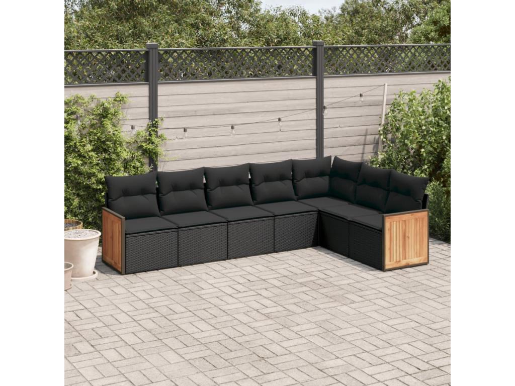 Salon de jardin 7 pcs avec coussins noir résine tressée WYWK79902