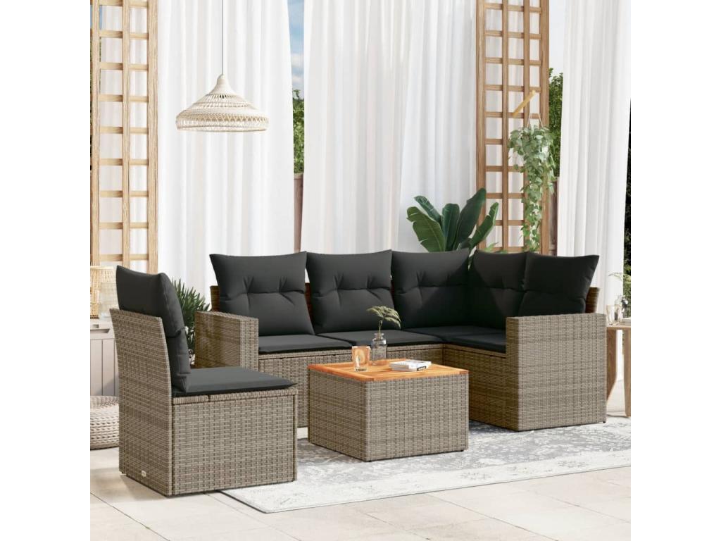 Salon de jardin 6 pcs avec coussins gris résine tressée APFS42613