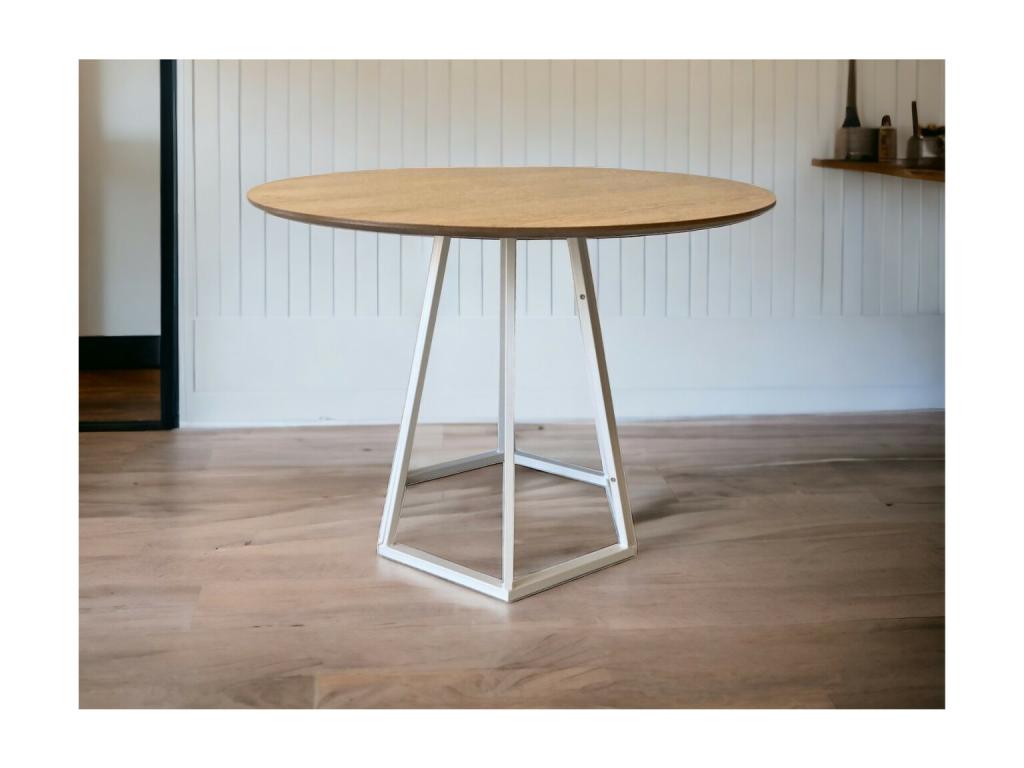 Chezlova - Table à manger ronde en bois effet chêne pieds acier blanc CUNA60288