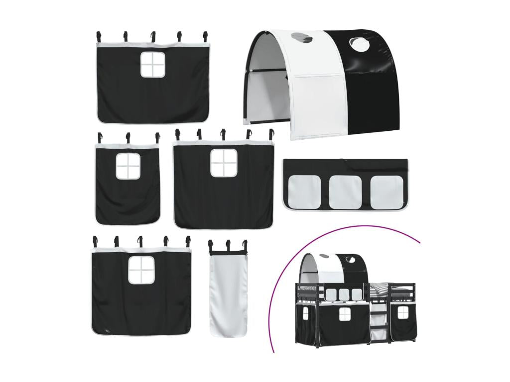 Lit superposé avec rideaux blanc/noir 90x190 cm bois pin massif YIJM13751