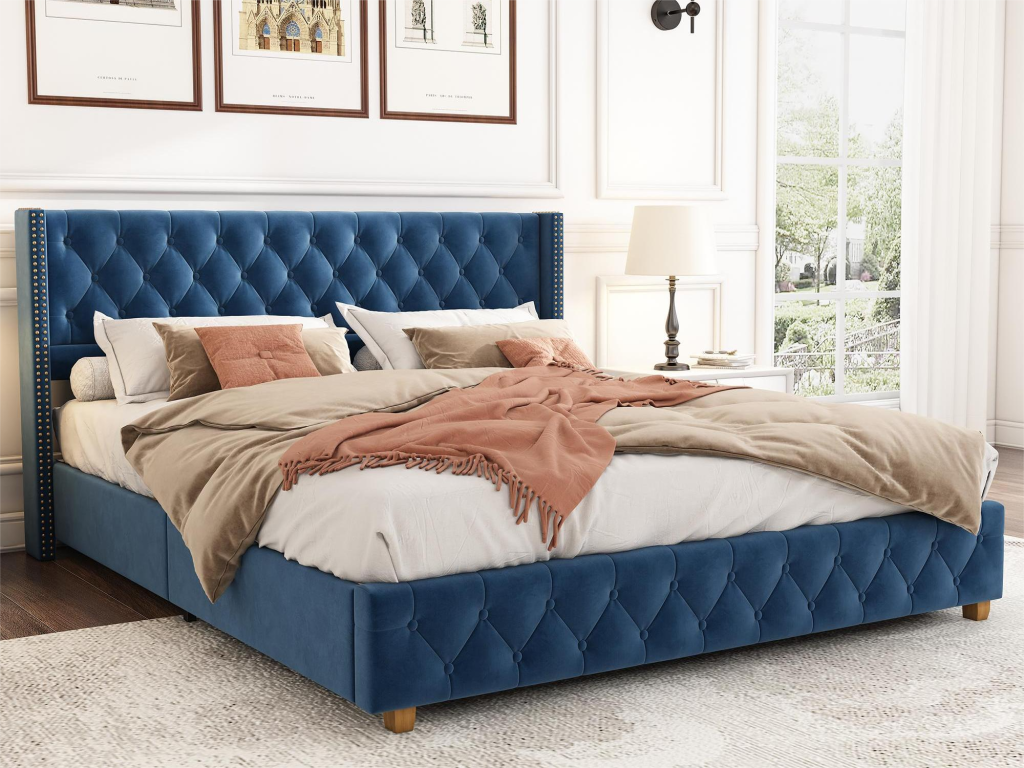 Lit avec tête de lit capitonné - 160x200 cm - velours - sommier à Artigeo - coloris bleu OYKU89374