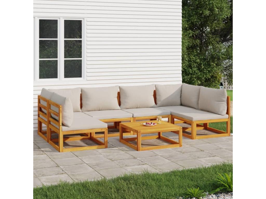 Salon de jardin 7 pcs avec coussins gris clair bois massif JLAL77362