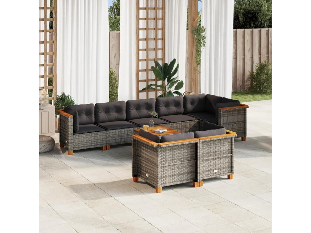 Salon de jardin 9 pcs avec coussins gris résine tressée DHNH20363