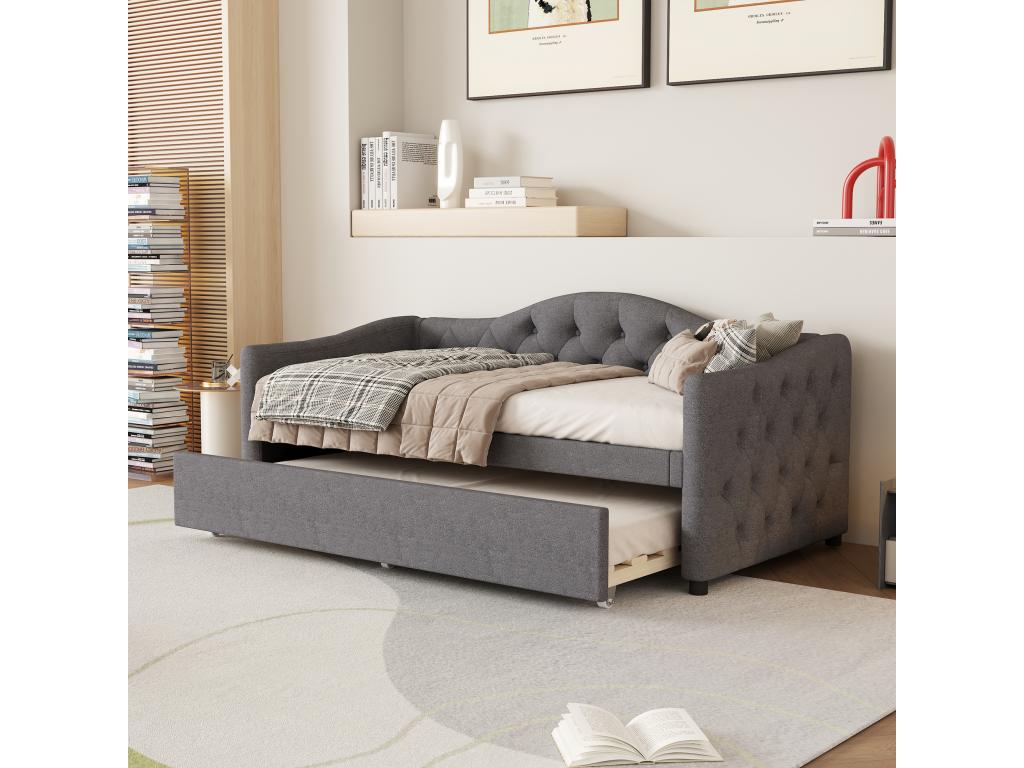 Lit banquette 90x200cm lit gigogne 90x190cm - capitonné en tissu lin - Gris matelas non inclus YPVG51513