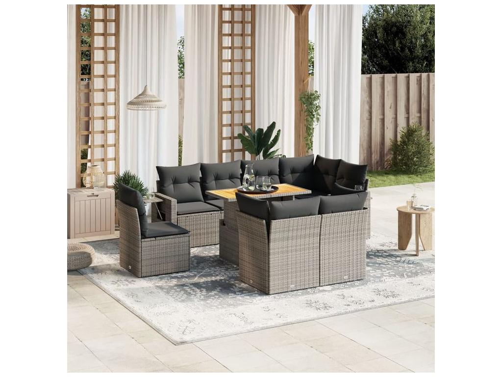 Salon de jardin 9 pcs avec coussins gris résine tressée VBRO48817