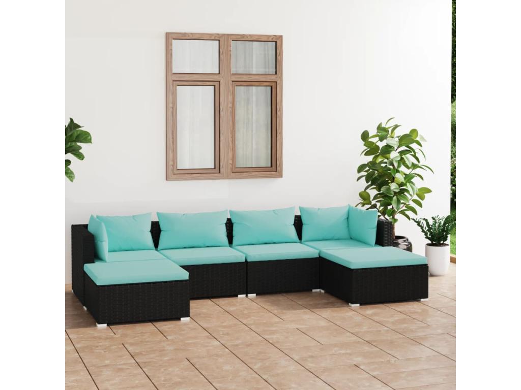 Salon de jardin 6 pcs avec coussins Résine tressée Noir OQKN96000