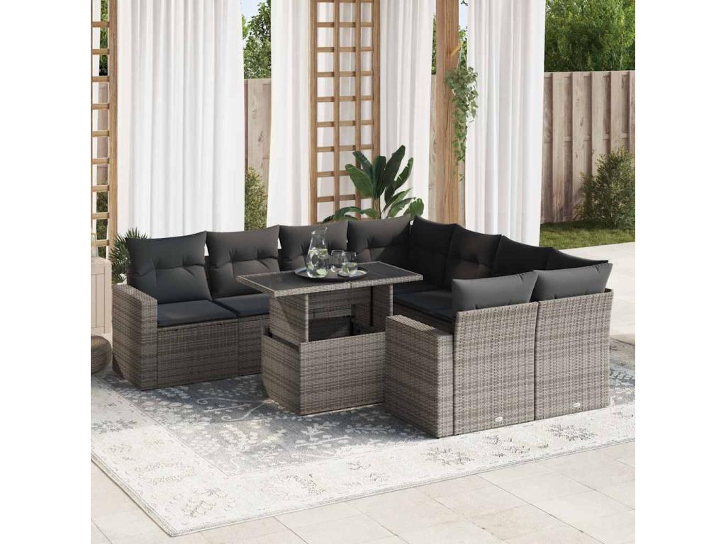 Salon de jardin 9 pièces avec coussins gris résine tressée EJLA53040