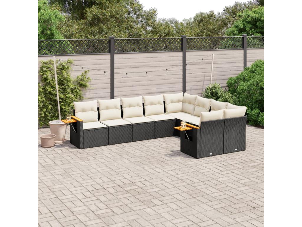 Salon de jardin 9 pcs avec coussins noir résine tressée YPHI10753