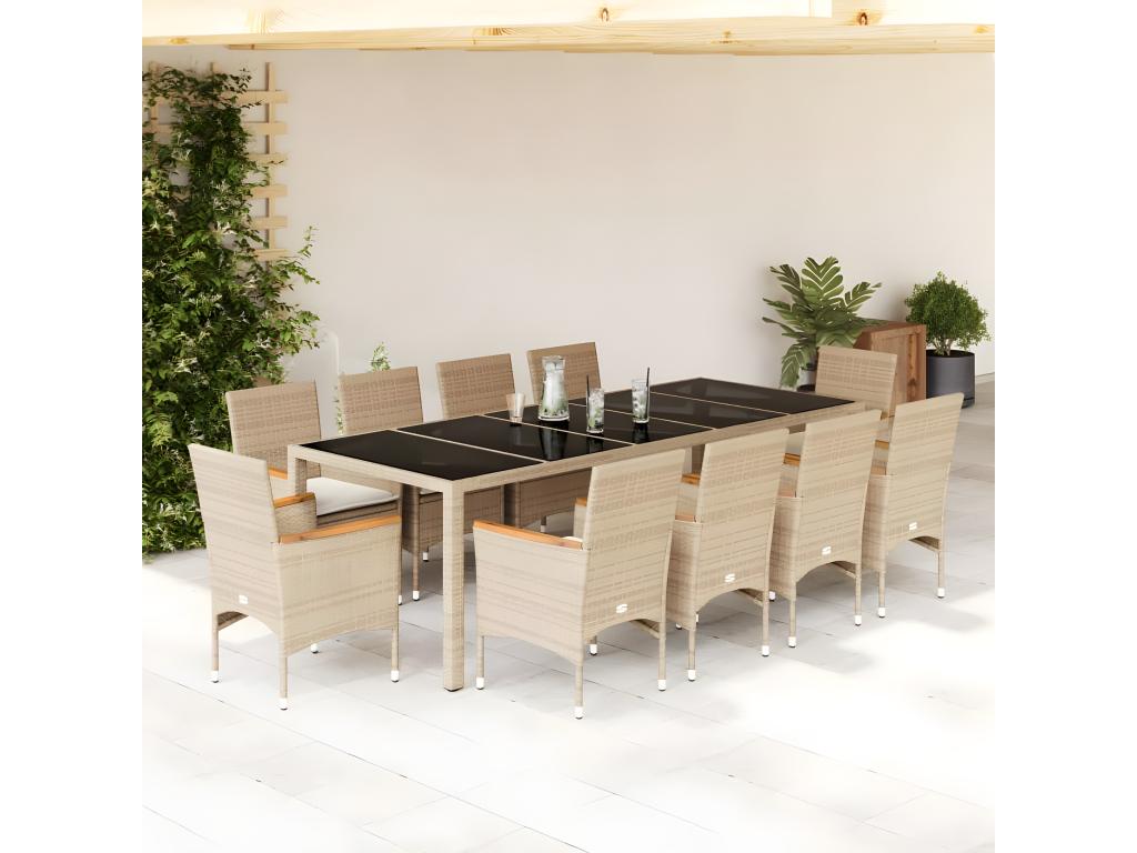 Ensemble à manger de jardin et coussins 11pcs beige rotin verre XMIK53857