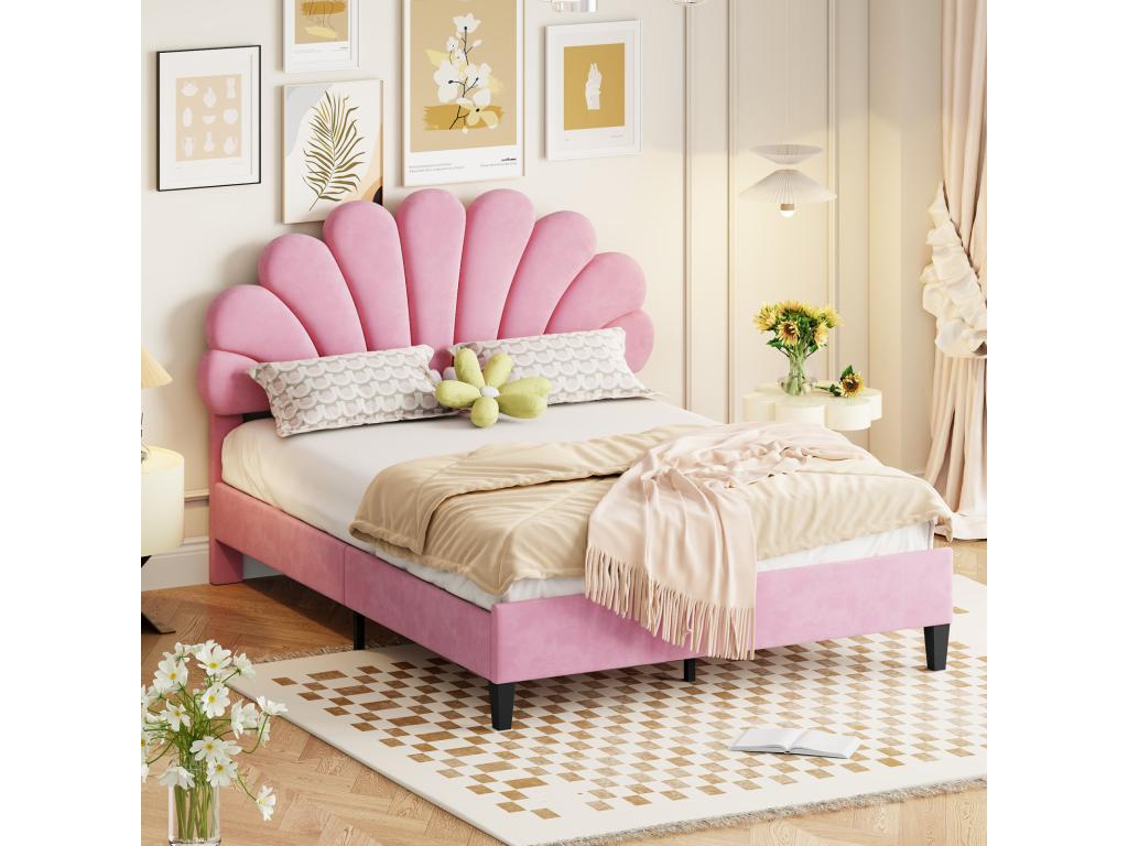 Lit double capitonné 140x200cm - Tête de lit en forme de fleur Sommier à Chezlova en MDF Tissu en velours Style scandinave - Rose GKHR84198