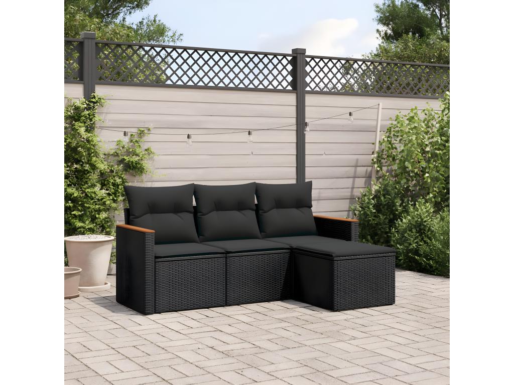 Salon de jardin 4 pcs avec coussins noir résine tressée KBNN44369