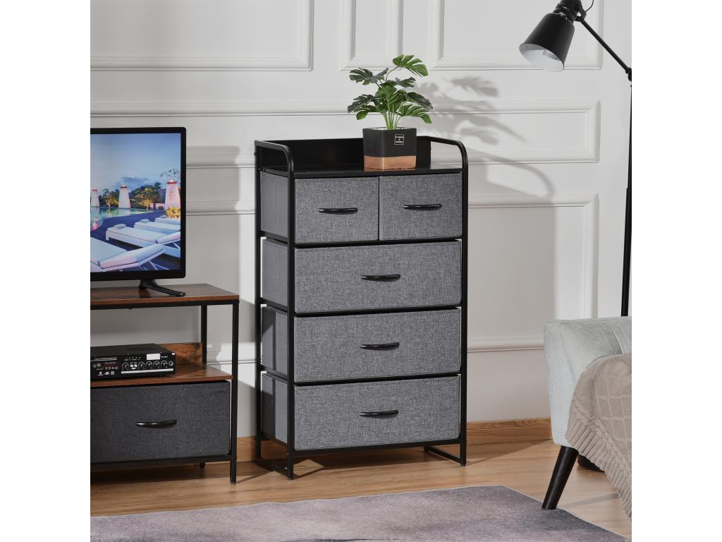 Commode meuble de rangement 5 tiroirs pliables en tissu 58x29x99 cm gris TPWJ11464