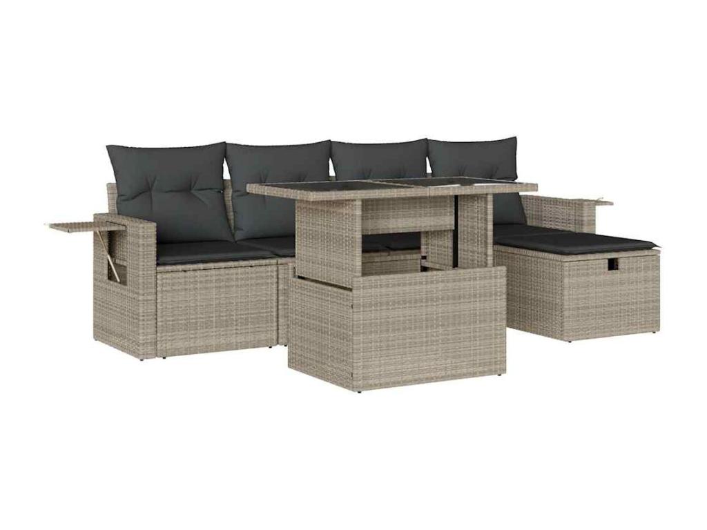 Salon de jardin 6 pièces avec coussins gris clair résine tressée OINF08565