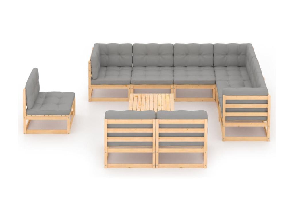 Salon de jardin 10 pièces avec coussins Bois de pin massif QREU37871