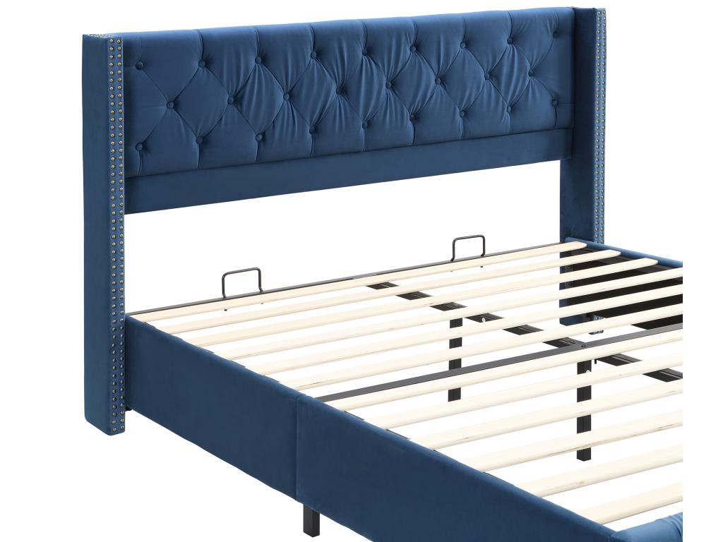 Lit avec tête de lit capitonné - 160x200 cm - velours - sommier à Artigeo - coloris bleu OYKU89374