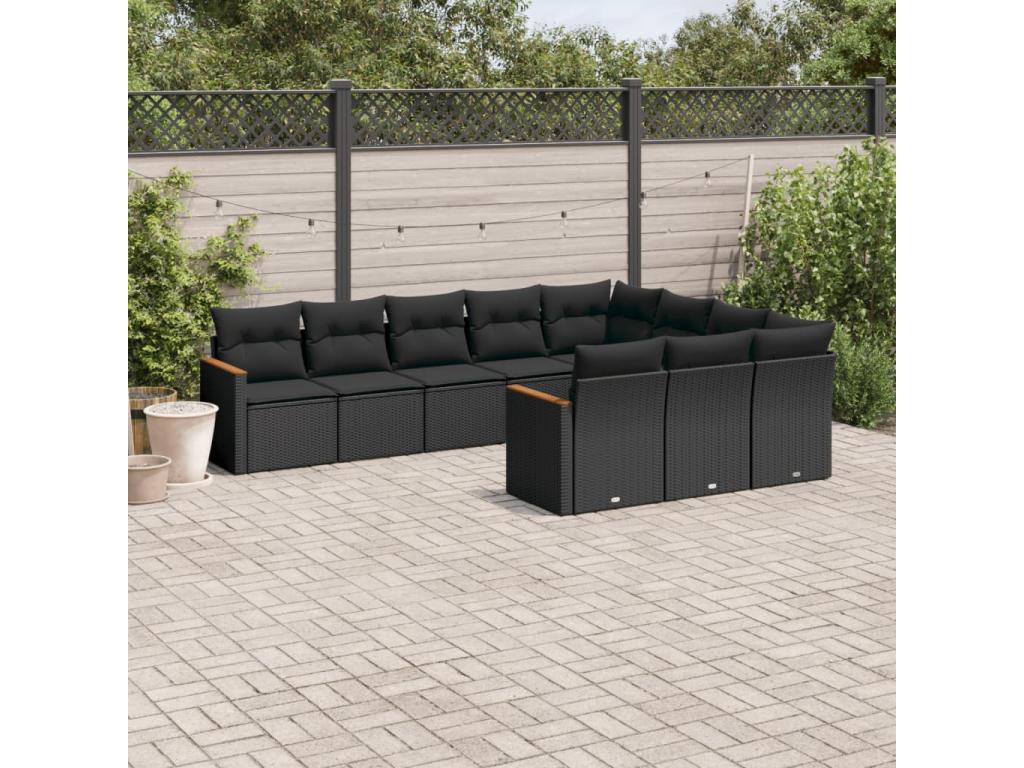 Salon de jardin 10 pcs avec coussins noir résine tressée HLJW85845