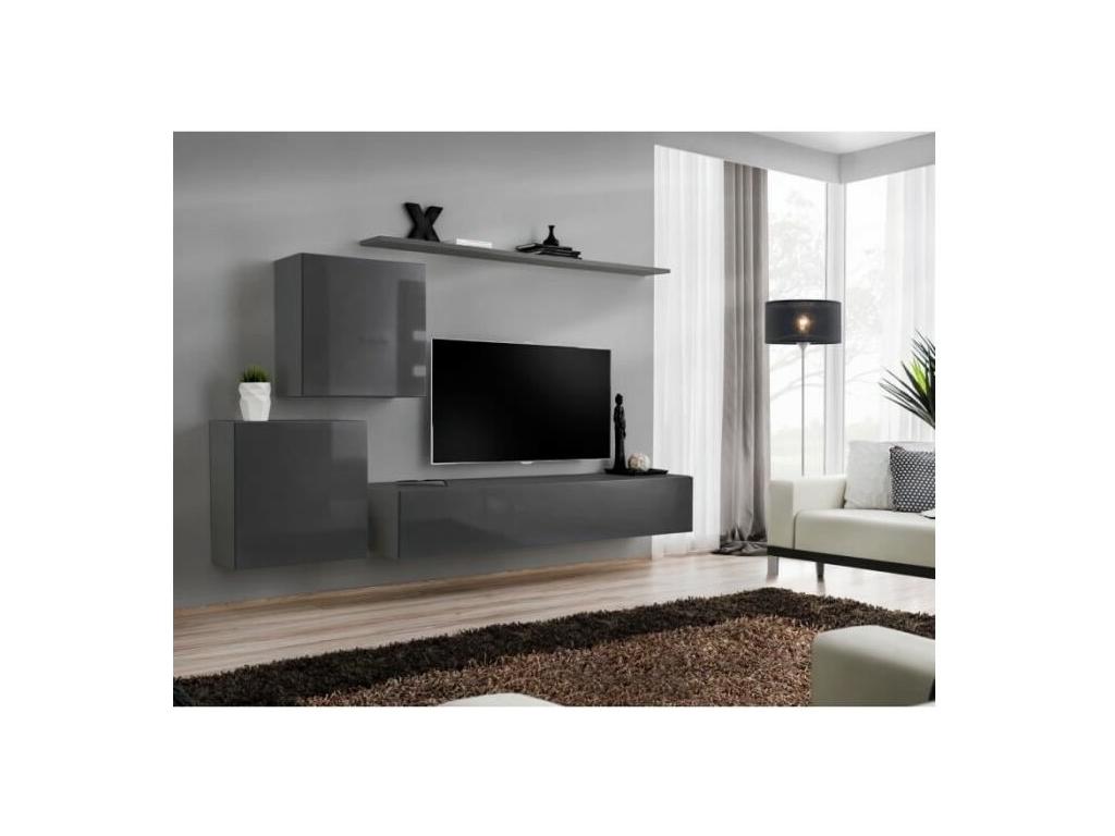 Ensemble meuble salon mural SWITCH V design coloris gris brillant. NLCF35476