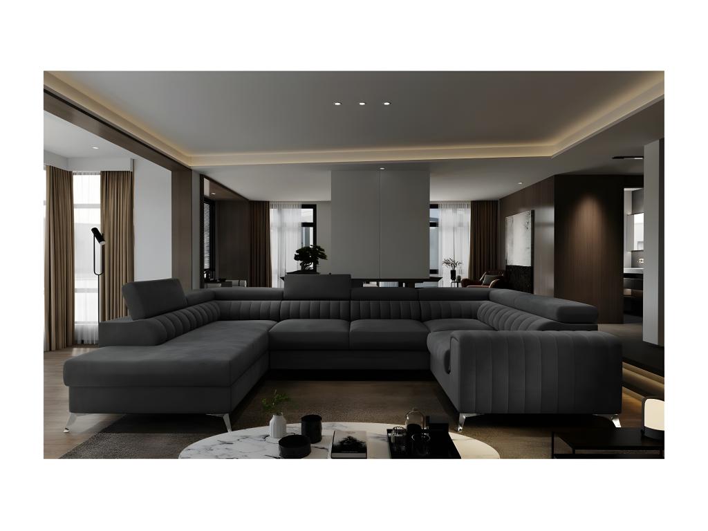 Canapé d'angle convertible Artigeo VELOURS Luxe 7/8 places NOIR accoudoir droit vu de face YMWW55370