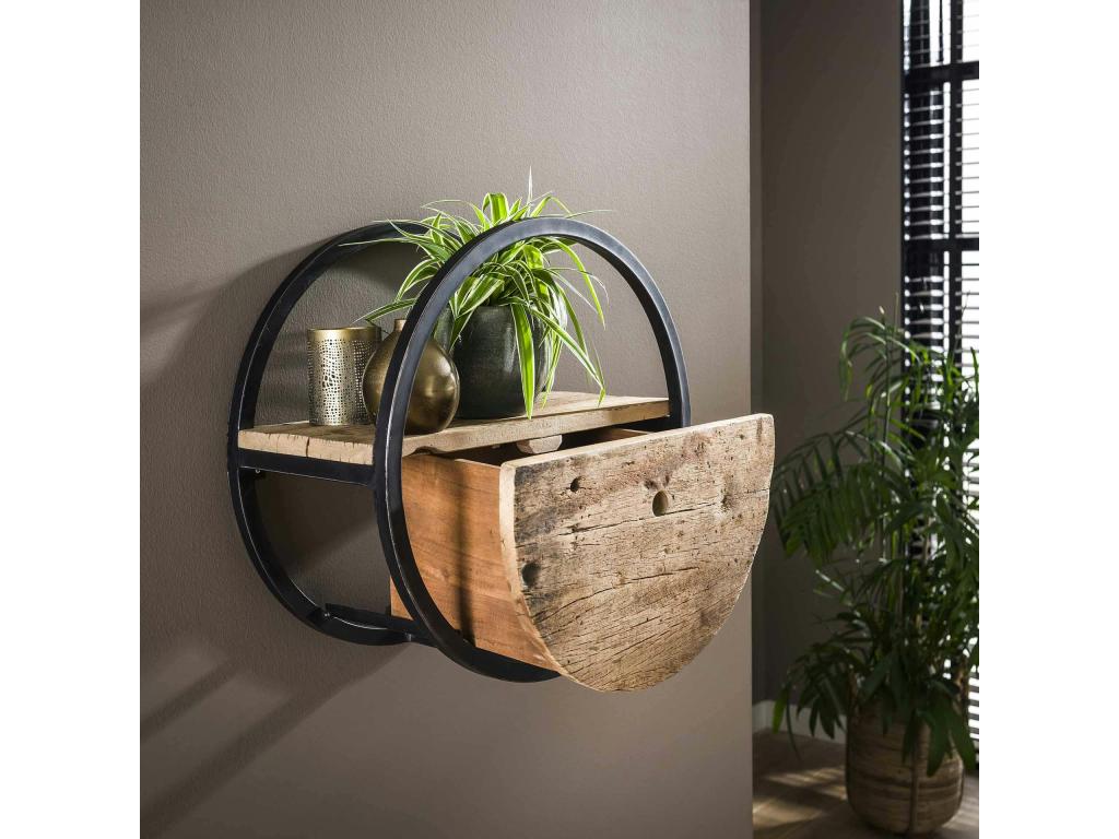 Etagère murale ronde bois recyclé brut 1 tiroir D50 cm CYCLADES ZPOW77984