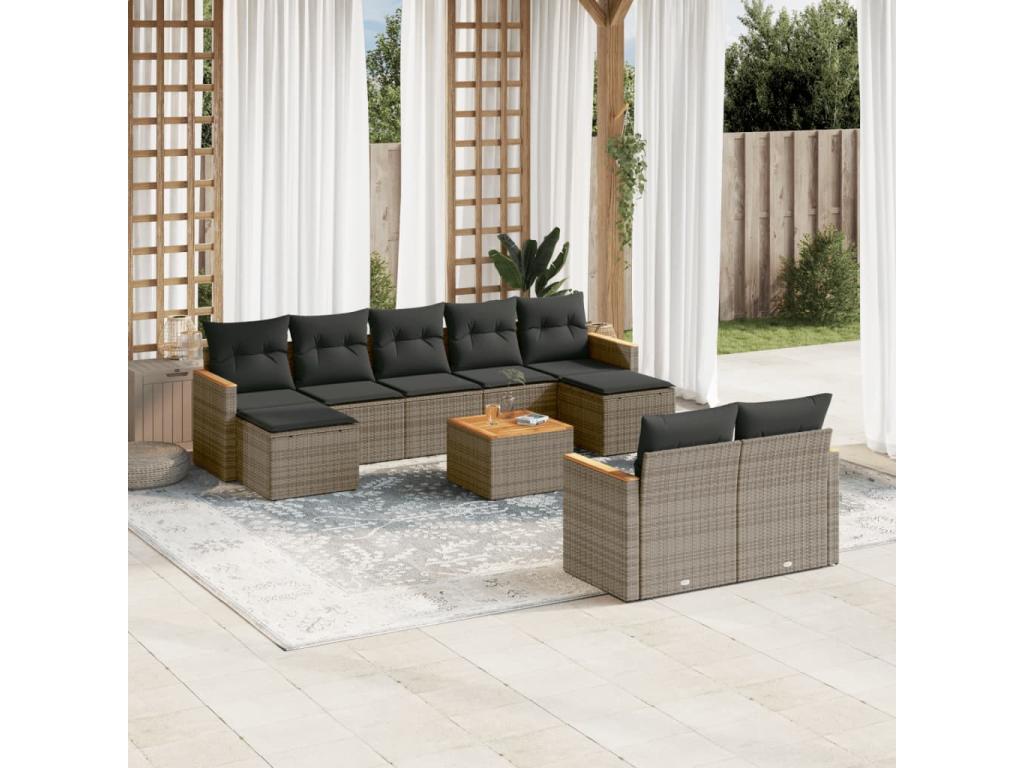 Salon de jardin avec coussins 10 pcs gris résine tressée TSYE10453