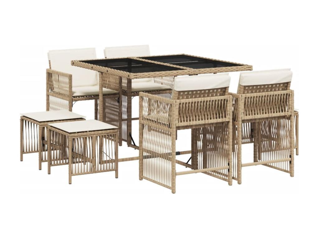 Ensemble à manger de jardin et coussins 9 pièces beige Poly rotin BLLL69389