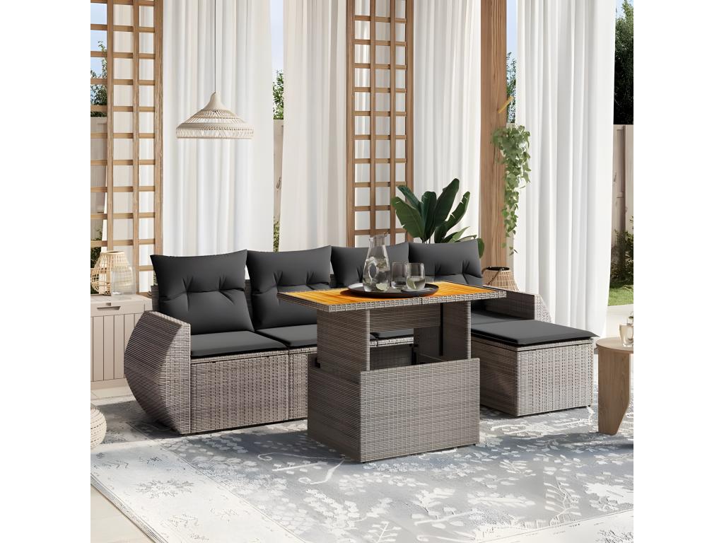 Salon de jardin 6 pcs avec coussins gris résine tressée TNLV35976