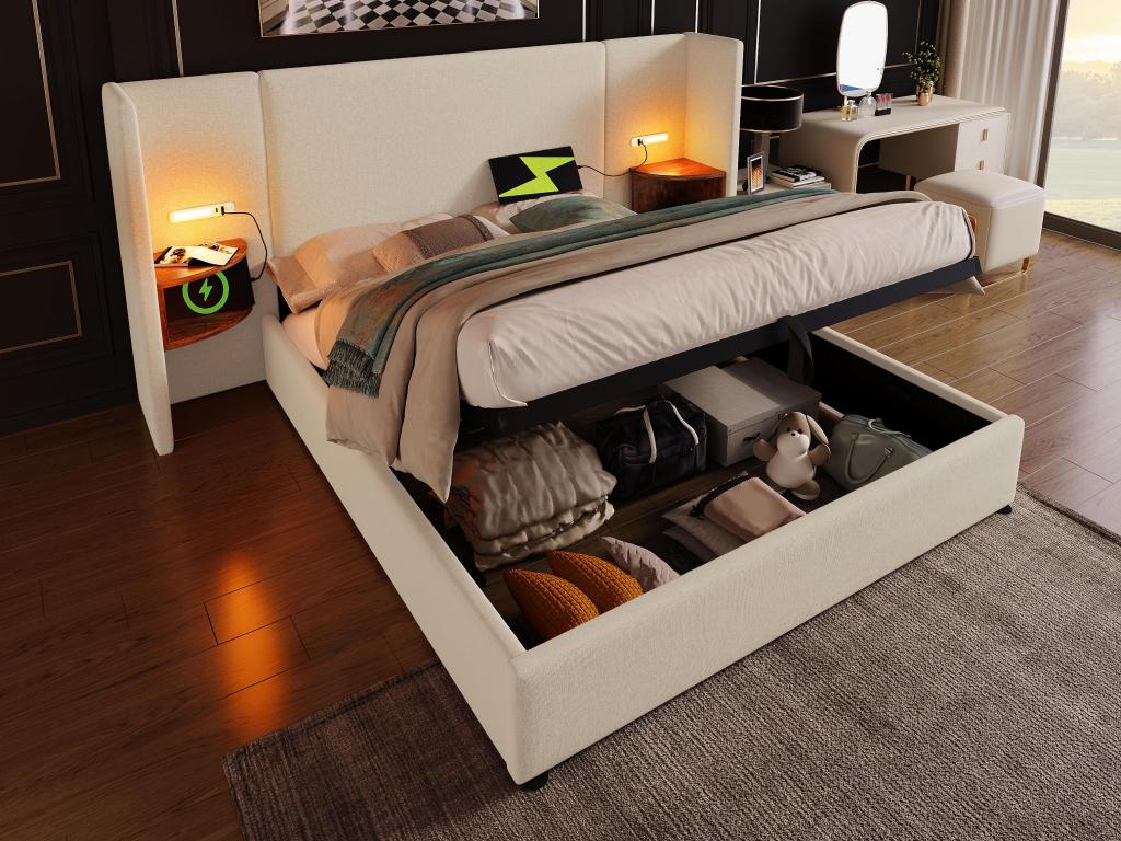 Lit coffre 180x200cm en lin - 2 tables de chavet avec liseuse et fonction chargement - avec sommier à Chezlova - Beige OVFO97284