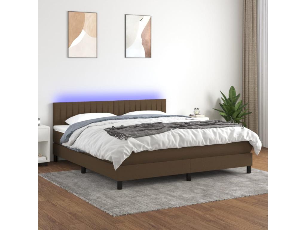 Sommier tapissier matelas et LED Marron foncé 180x200cm Tissu QQEZ16734
