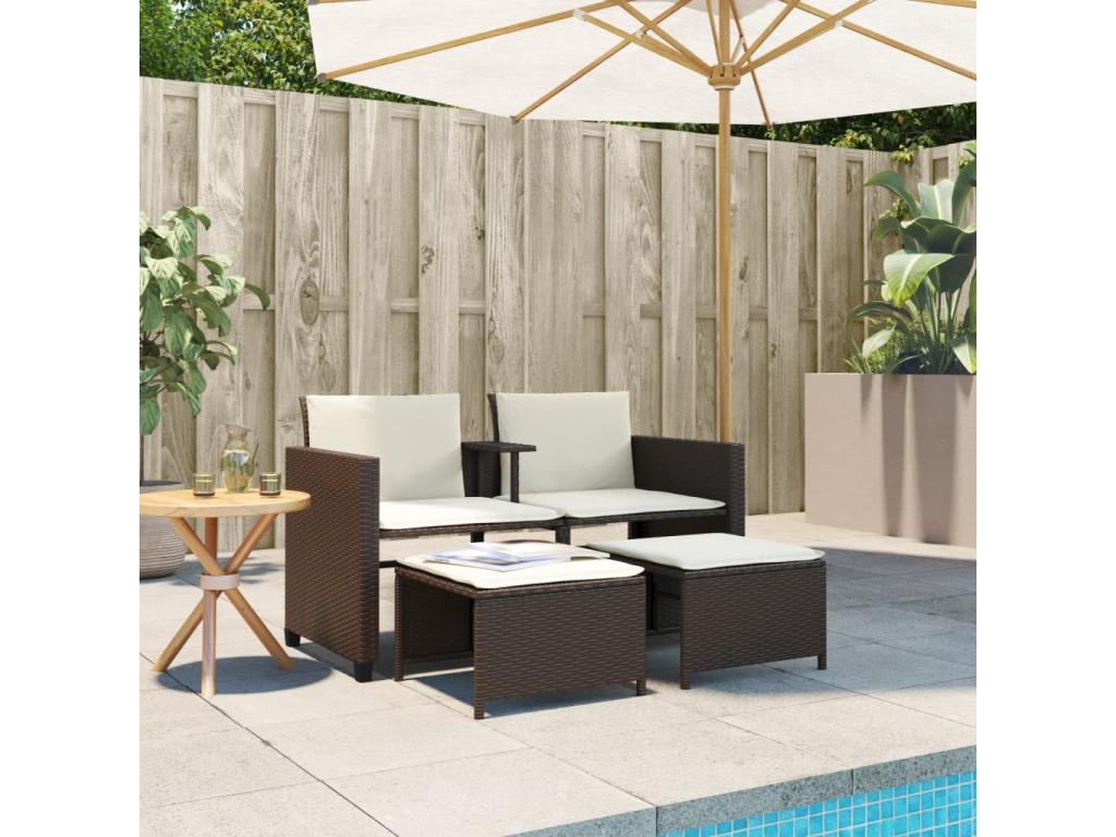 Canapé de jardin 2 places avec table et tabourets marron rotin QMDH51154